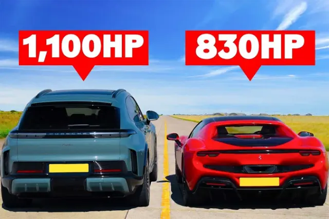 مقایسه قدرت پورشه کاین توربو الکتریک (Porsche Cayenne Turbo) و فراری ۲۹۶ در پیست درگ