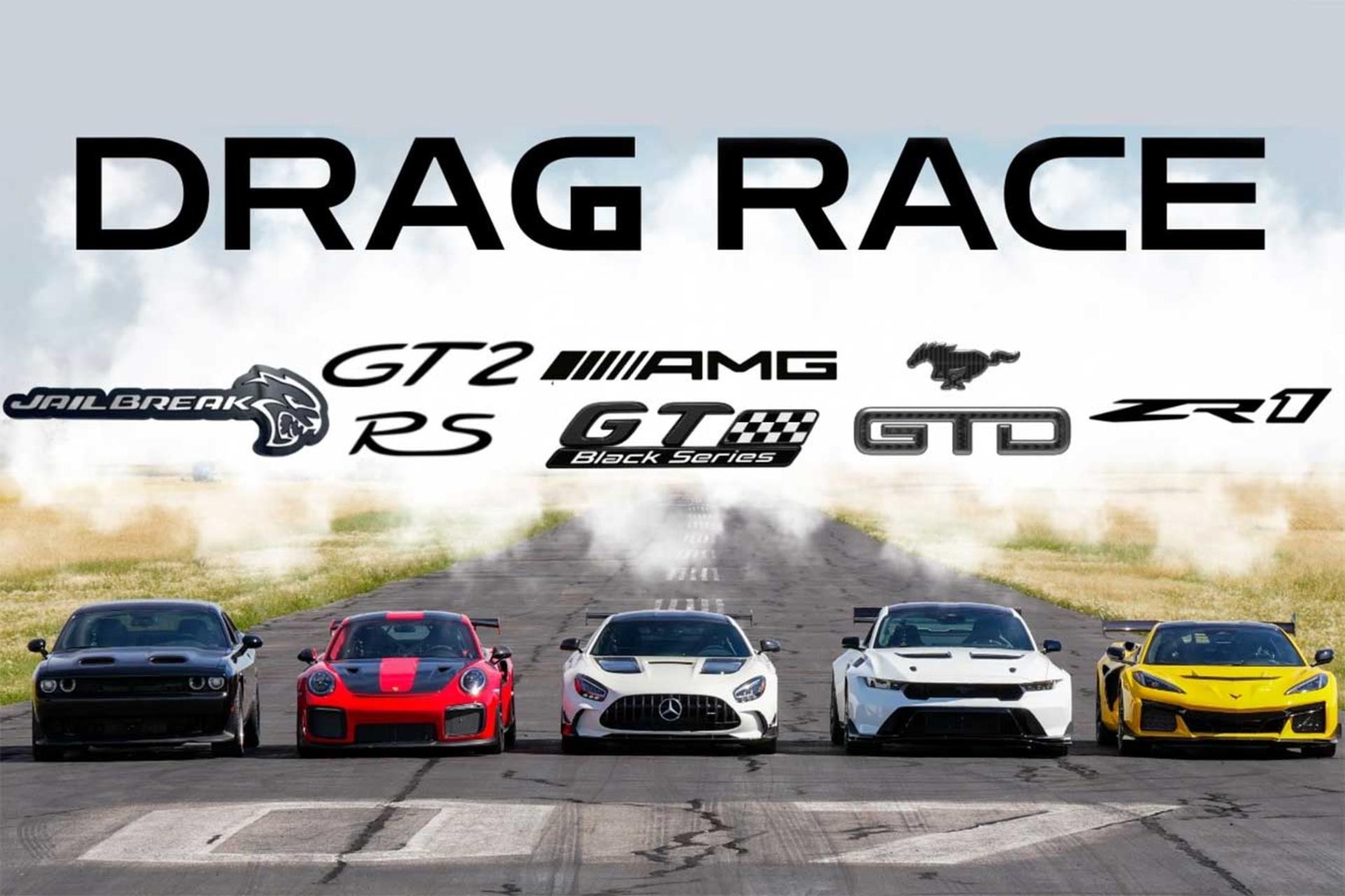 درگ کوروت ZR1 و موستانگ GTD با پورشه و مرسدس