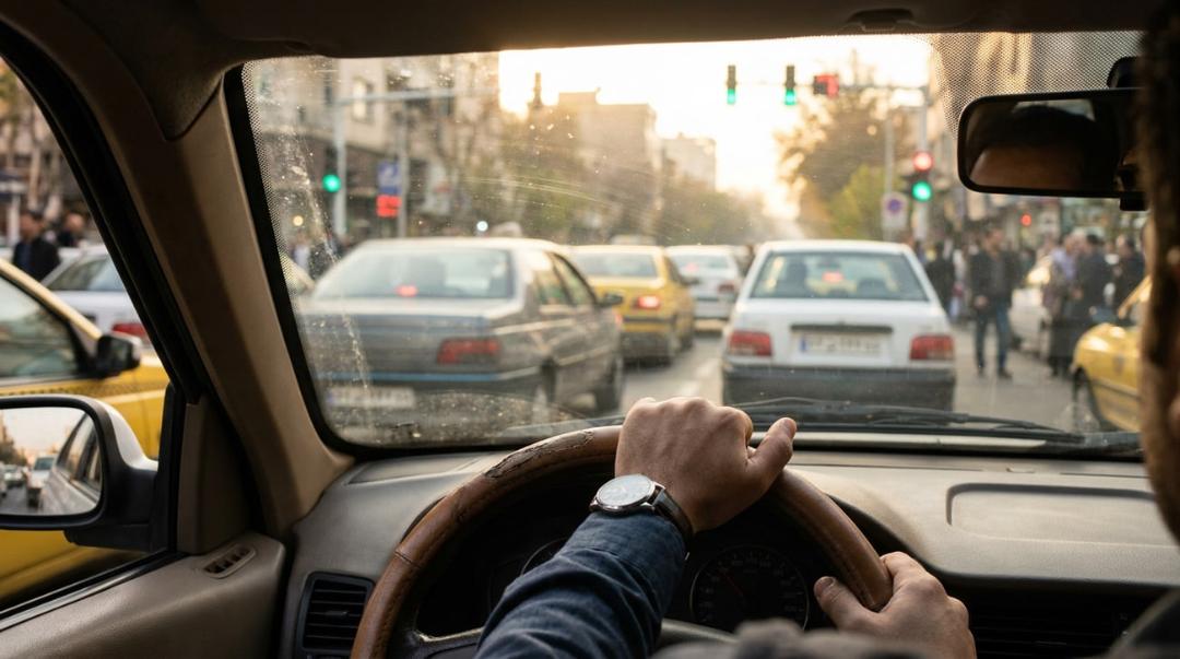 دست راننده روی فرمان خودرو در میان ترافیک سنگین شهری