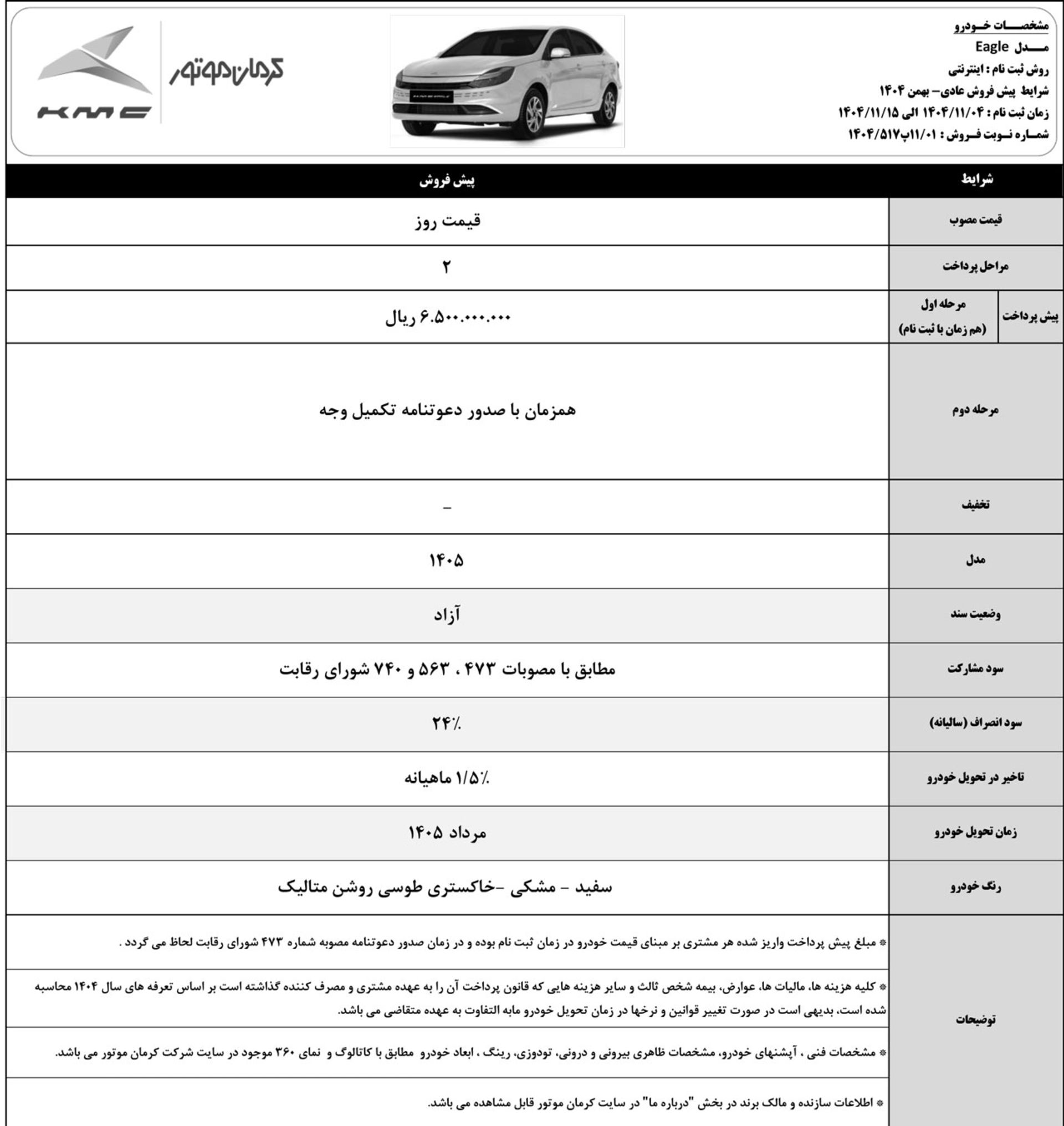 شرایط پیش فروش بهمن ماه کی ام سی  ایگل