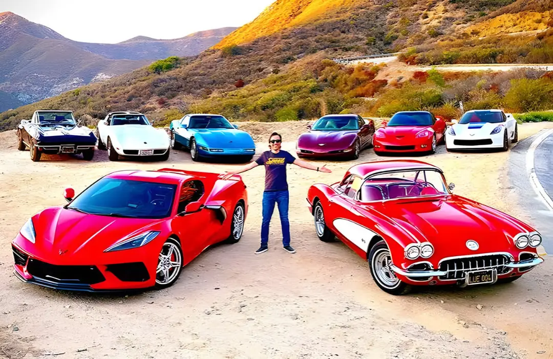 مجموعه‌ای از خودروهای مختلف شورولت کوروت (Chevrolet Corvette) در یک مسیر کوهستانی
