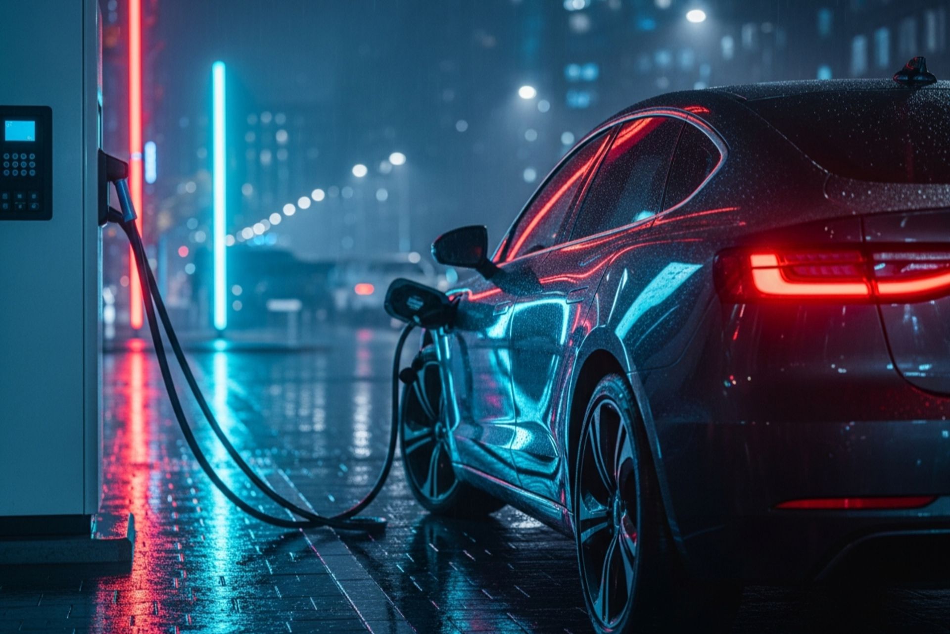 خودروی برقی در حال شارژ در ایستگاه شهری در شب
