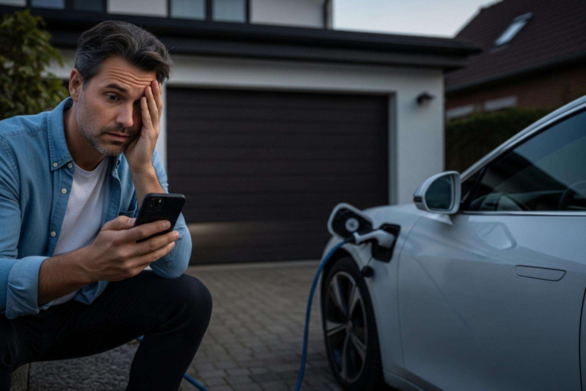 مرد نگران با قبض برق کنار خودروی برقی در حال شارژ