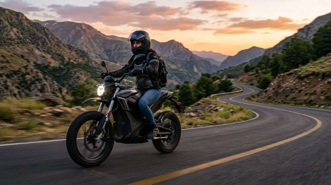 موتورسیکلت برقی (Electric Motorcycle) در حال حرکت در جاده کوهستانی هنگام غروب