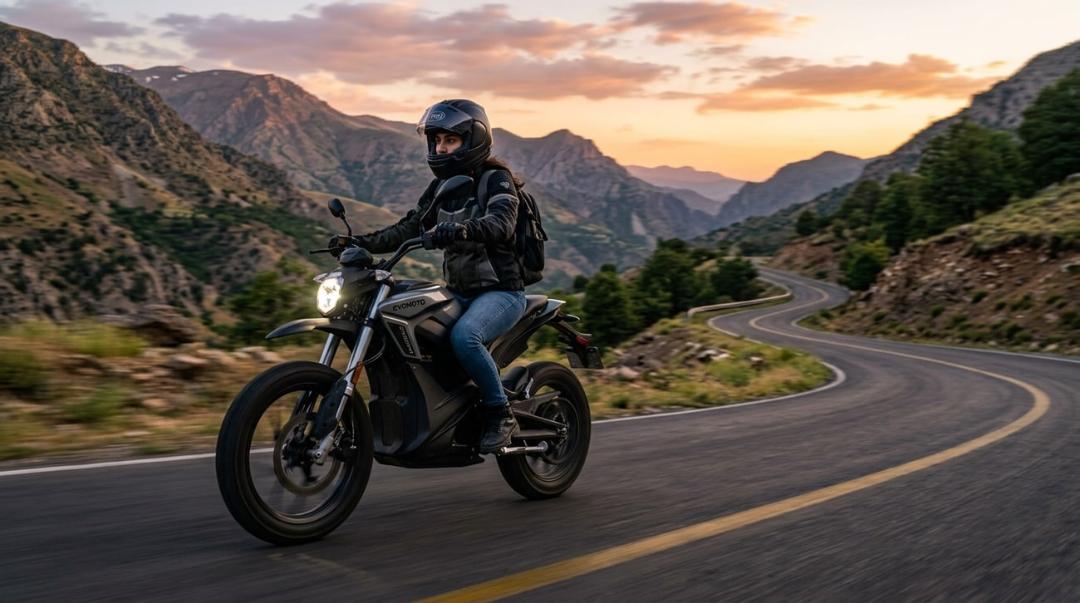 موتورسیکلت برقی (Electric Motorcycle) در حال حرکت در جاده کوهستانی هنگام غروب