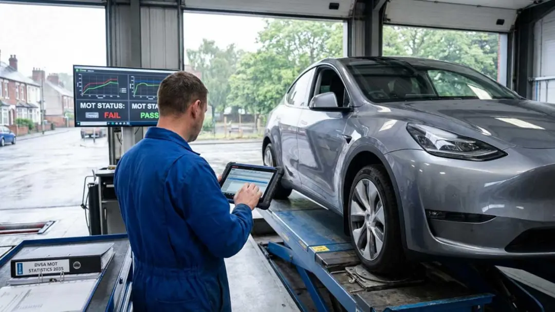 خودروی تسلا (Tesla) روی دستگاه معاینه فنی در تعمیرگاه