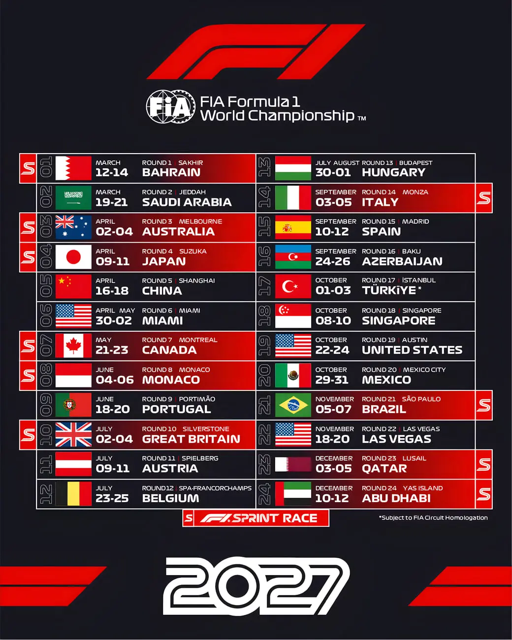 جدول زمان‌بندی مسابقات فرمول یک (Formula 1) در سال ۲۰۲۷