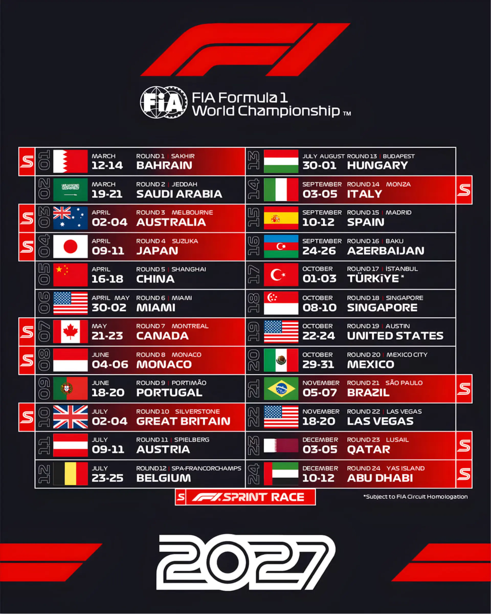 جدول زمان‌بندی مسابقات فرمول یک (Formula 1) در سال ۲۰۲۷