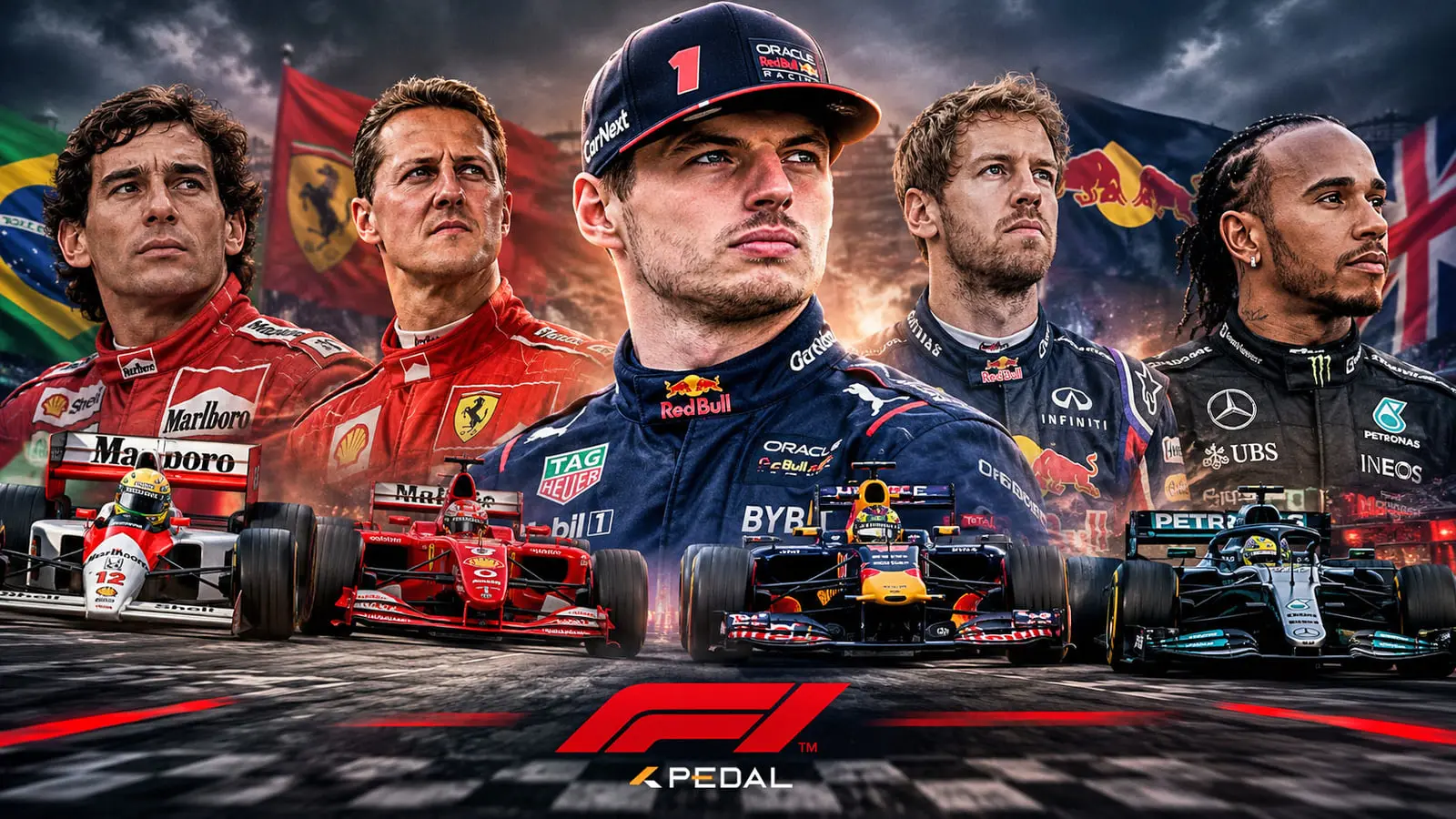 چهره رانندگان فرمول یک شامل مکس وستپن (Max Verstappen) و لويس همیلتون (Lewis Hamilton) در کنار خودروهای مسابقه‌ای