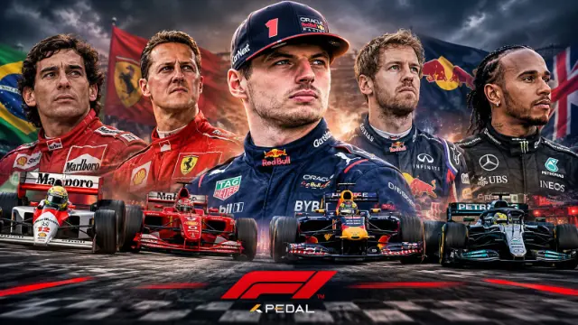 چهره رانندگان فرمول یک شامل مکس وستپن (Max Verstappen) و لويس همیلتون (Lewis Hamilton) در کنار خودروهای مسابقه‌ای