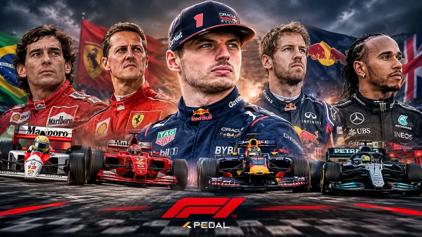 چهره رانندگان فرمول یک شامل مکس وستپن (Max Verstappen) و لويس همیلتون (Lewis Hamilton) در کنار خودروهای مسابقه‌ای