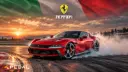 خودروی قرمز فراری (Ferrari) در حال حرکت و ایجاد دود در پیست مسابقه
