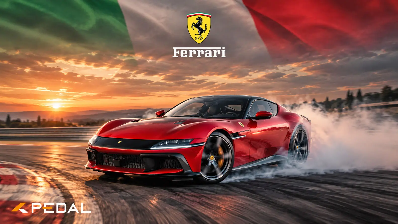 خودروی قرمز فراری (Ferrari) در حال حرکت و ایجاد دود در پیست مسابقه