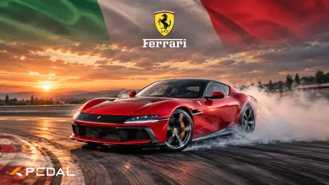خودروی قرمز فراری (Ferrari) در حال حرکت و ایجاد دود در پیست مسابقه