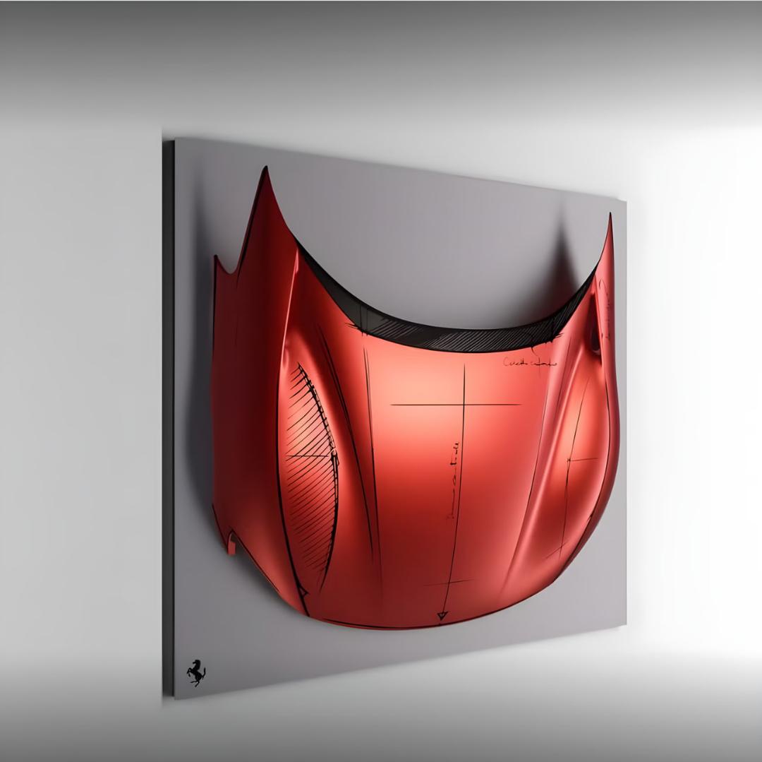 قطعه بدنه قرمز رنگ خودروی فراری (Ferrari) به عنوان یک اثر هنری دیواری