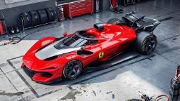 ماشین کانسپت فراری (Ferrari) با بدنه قرمز در فضای گاراژ
