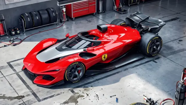 ماشین کانسپت فراری (Ferrari) با بدنه قرمز در فضای گاراژ