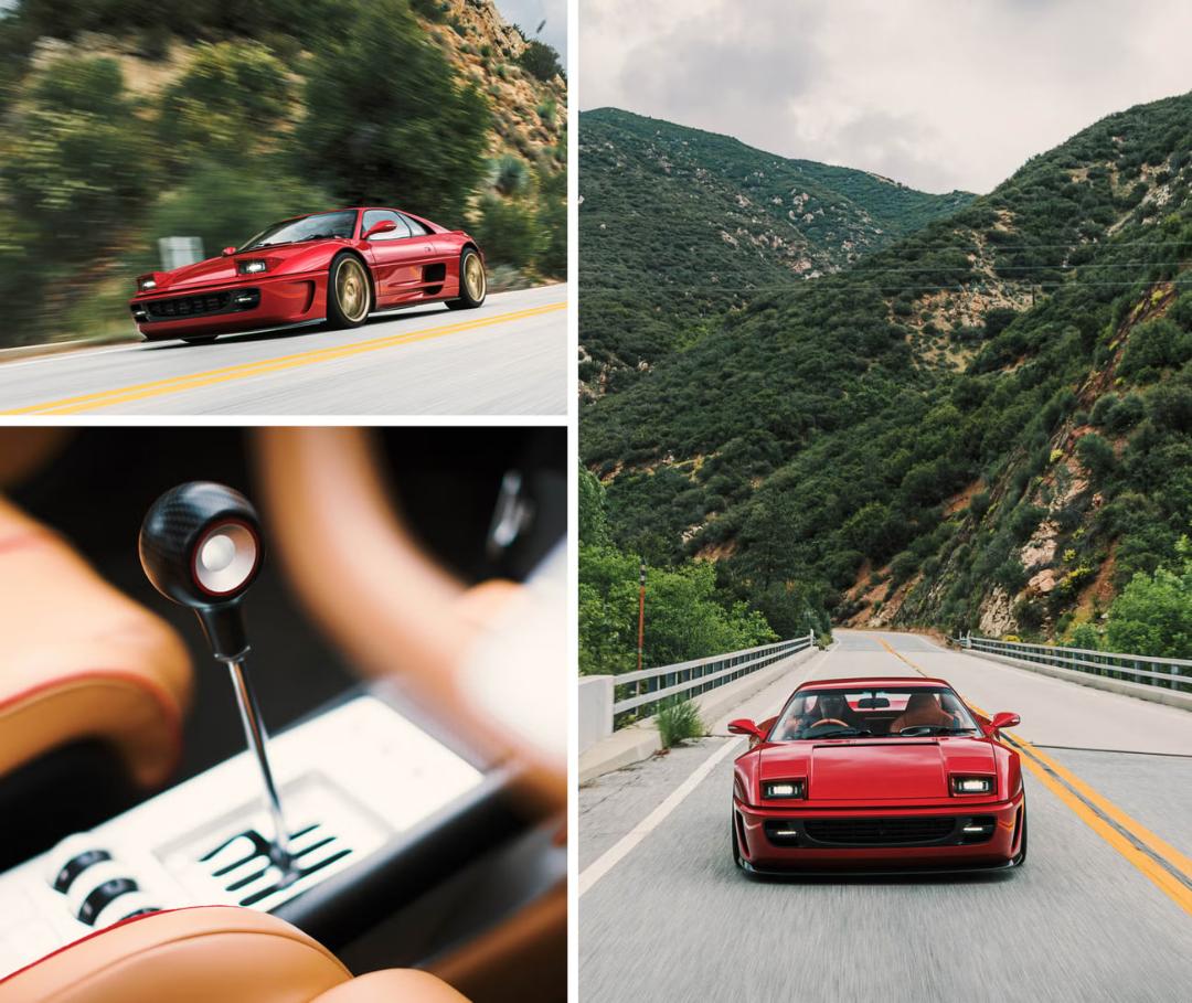 خودرو فراری F355 (Ferrari F355) قرمز رنگ در حال حرکت در جاده کوهستانی