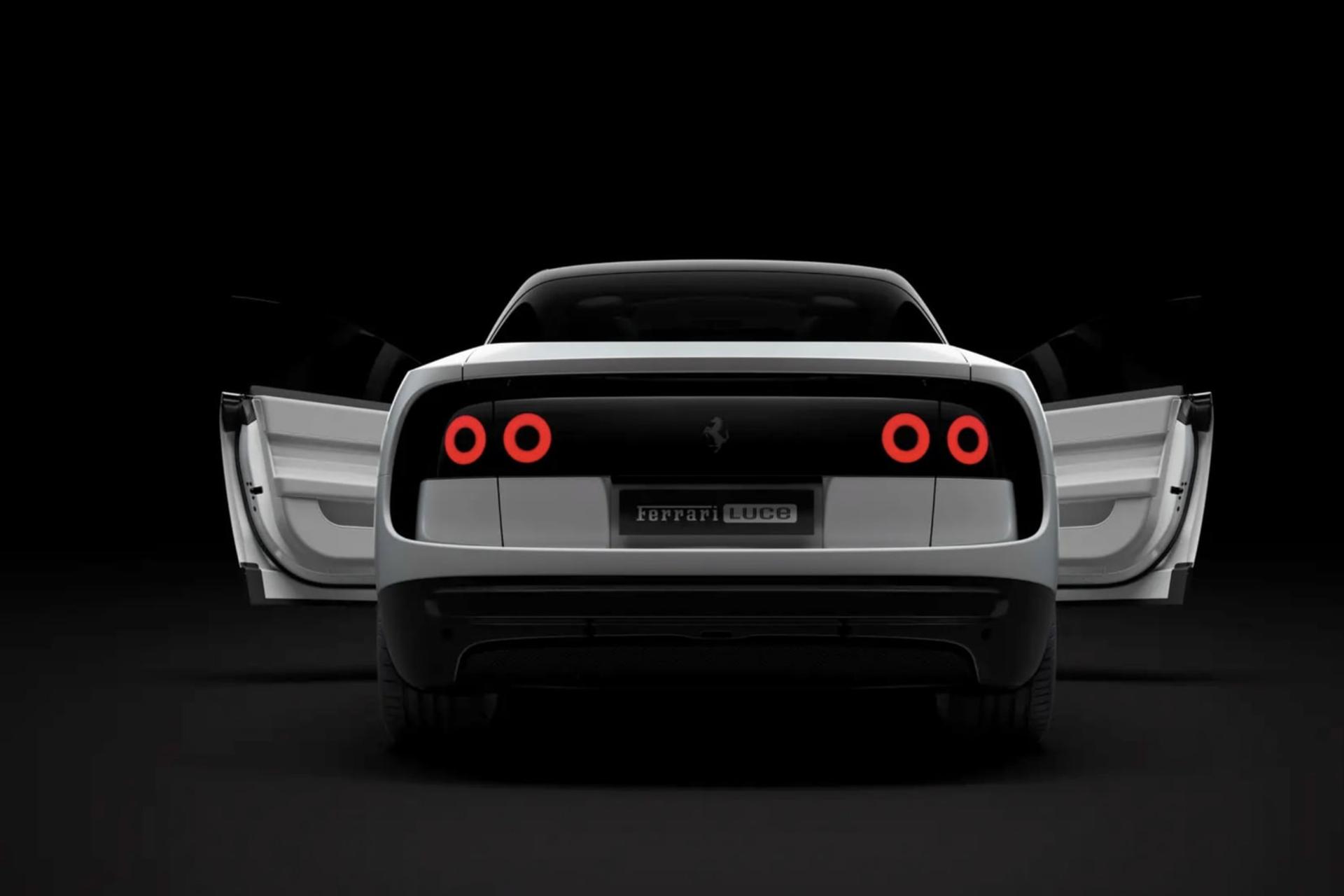 نمای عقب خودروی سفید فراری (Ferrari Luce) با درهای باز