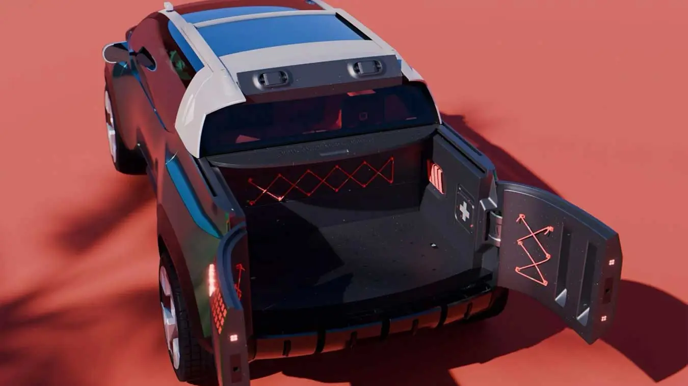 بخش بار و در صندوق باز خودروی فیات مالتی‌پلا (Fiat Multipla) با نورپردازی قرمز