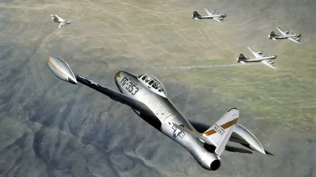 جنگنده (Fighter Jet) در حال پرواز در میان بمب‌افکن‌های جنگی در آسمان