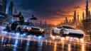 خودروهای پرنده دلورین (DeLorean) و تسلا (Tesla) در حال پرواز در شهر آینده
