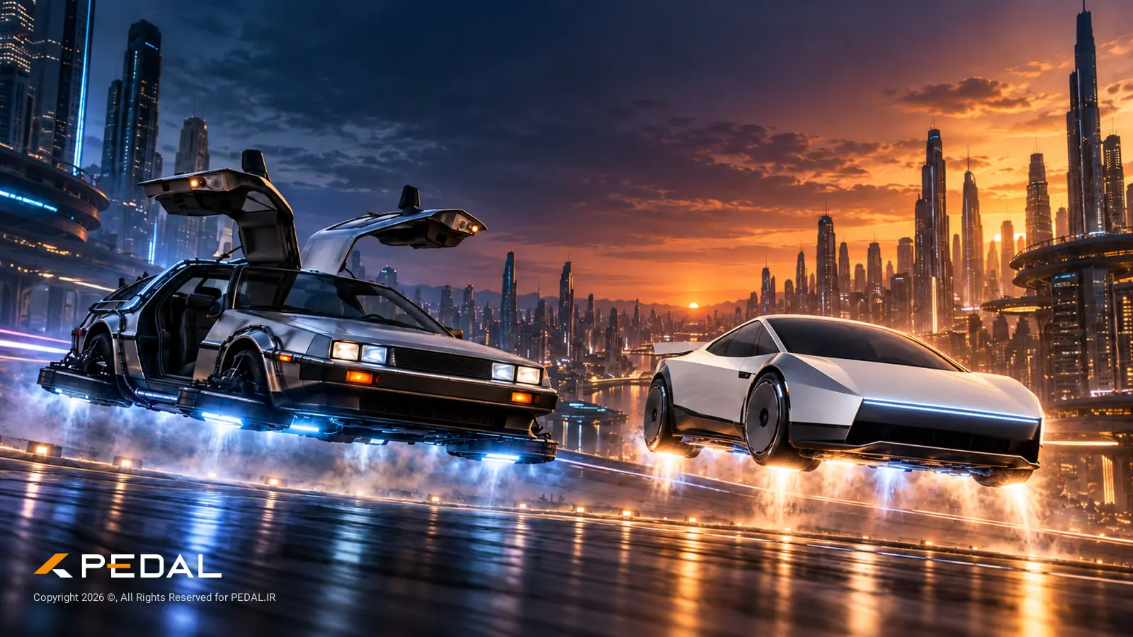 خودروهای پرنده دلورین (DeLorean) و تسلا (Tesla) در حال پرواز در شهر آینده