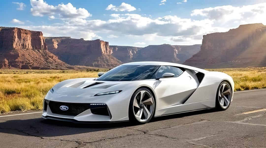 خودرو فورد GT (Ford GT) سفید رنگ در جاده‌ای میان صخره‌های بیابانی