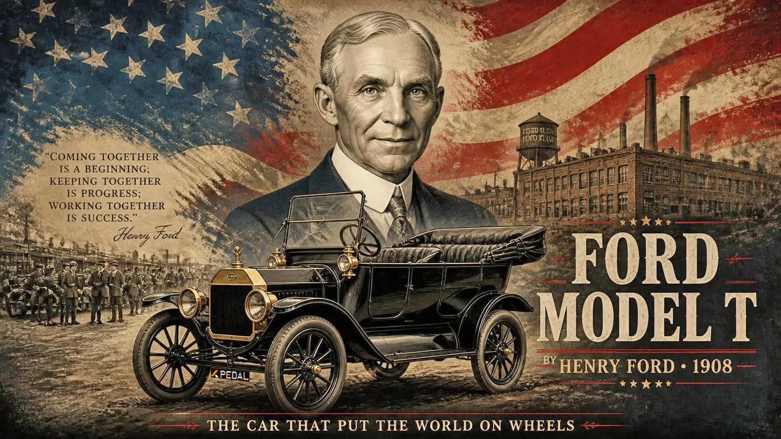 خودرو کلاسیک فورد مدل T (Ford Model T) در کنار هنری فورد (Henry Ford)