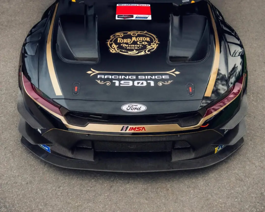کاور سیاه خودروی فورد موستانگ (Ford Mustang) GT3 با نشان‌های طلایی مسابقات