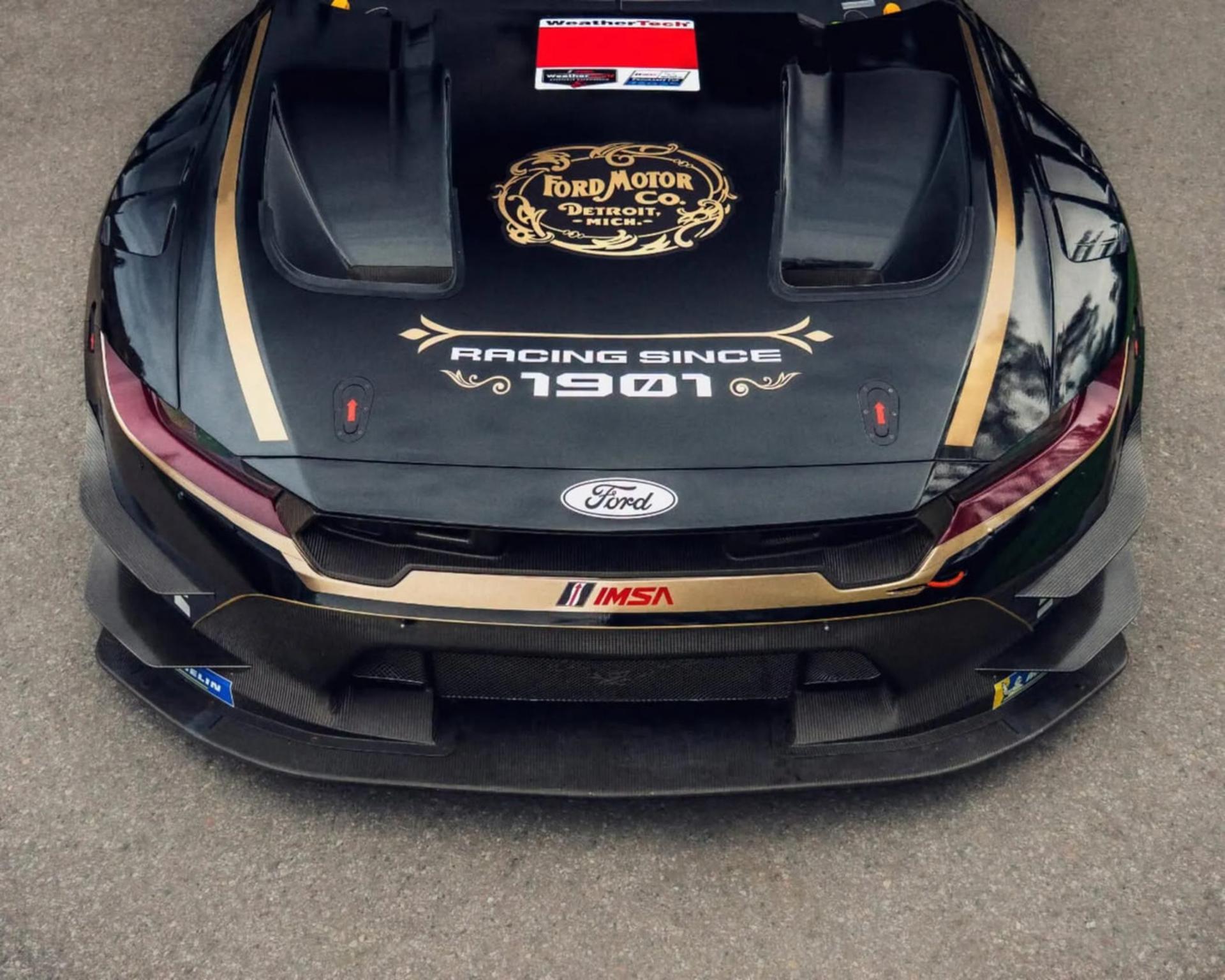 کاور سیاه خودروی فورد موستانگ (Ford Mustang) GT3 با نشانهای طلایی مسابقات