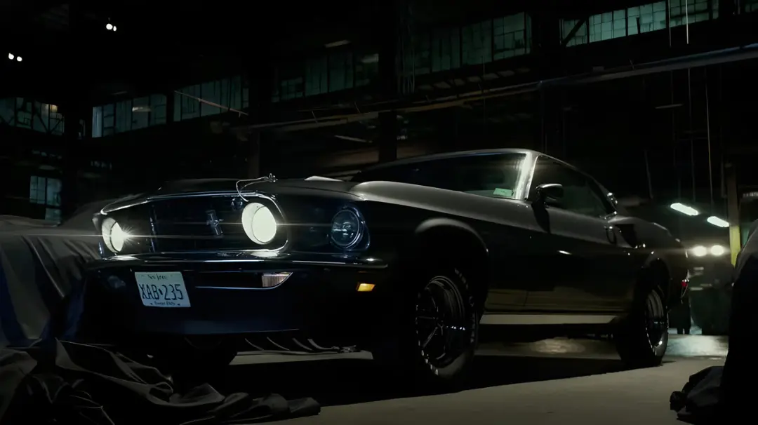 خودروی کلاسیک فورد موستانگ (Ford Mustang) در فضای یک انبار تاریک