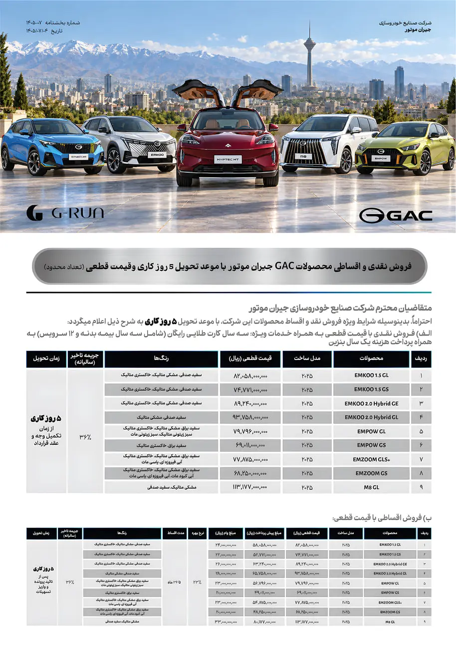 خودروهای وارداتی برند جی‌ای‌سی (GAC) در کنار هم در فضای باز