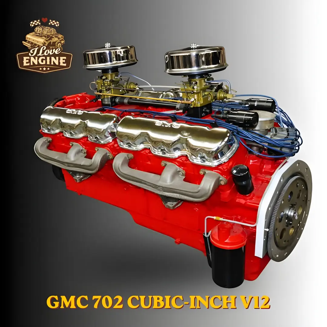 موتور دوازده سیلندر (V12) مدل GMC 702 با بدنه قرمز و قطعات کروم