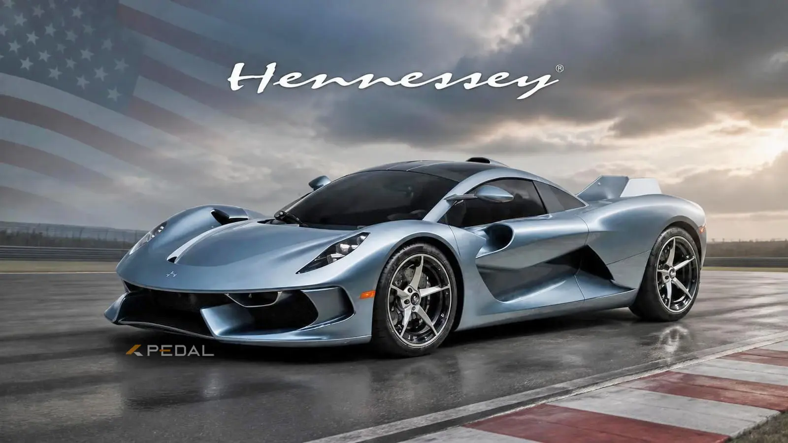 ابرخودرو هنسی بلک برد (Hennessey Venom F5) با بدنه آبی متالیک در پیست مسابقه