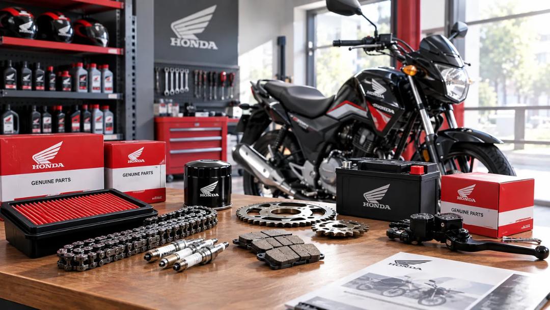 قطعات مصرفی و لوازم اصلی موتور هوندا (Honda) روی میز تعمیرگاه