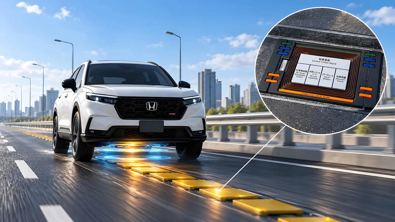 خودروی برقی هوندا (Honda) در حال عبور از روی پدهای شارژ بی‌سیم جاده