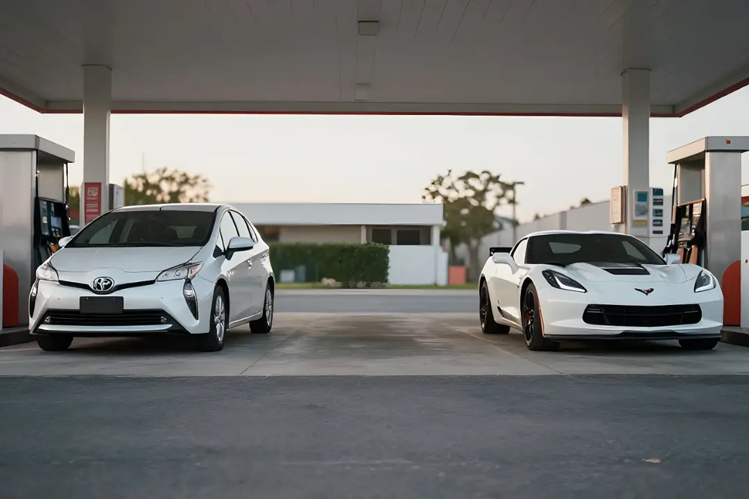 خودروی تویوتا پریوس (Toyota Prius) سفید و یک خودروی اسپرت کوروت در پمپ بنزین