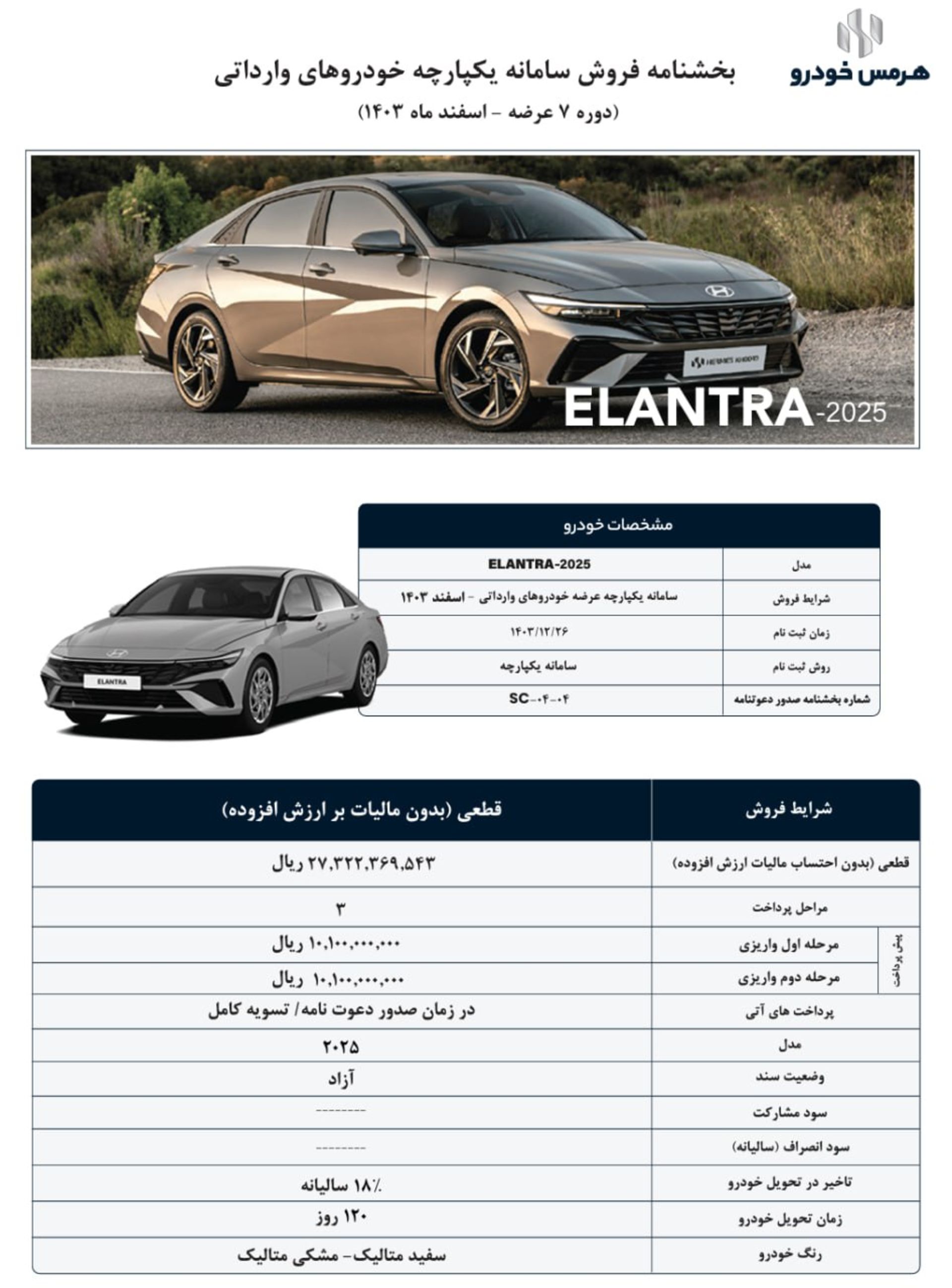 شرایط فروش هیوندای الانترا ویژه سامانه یکپارچه آبان 1404 - 1