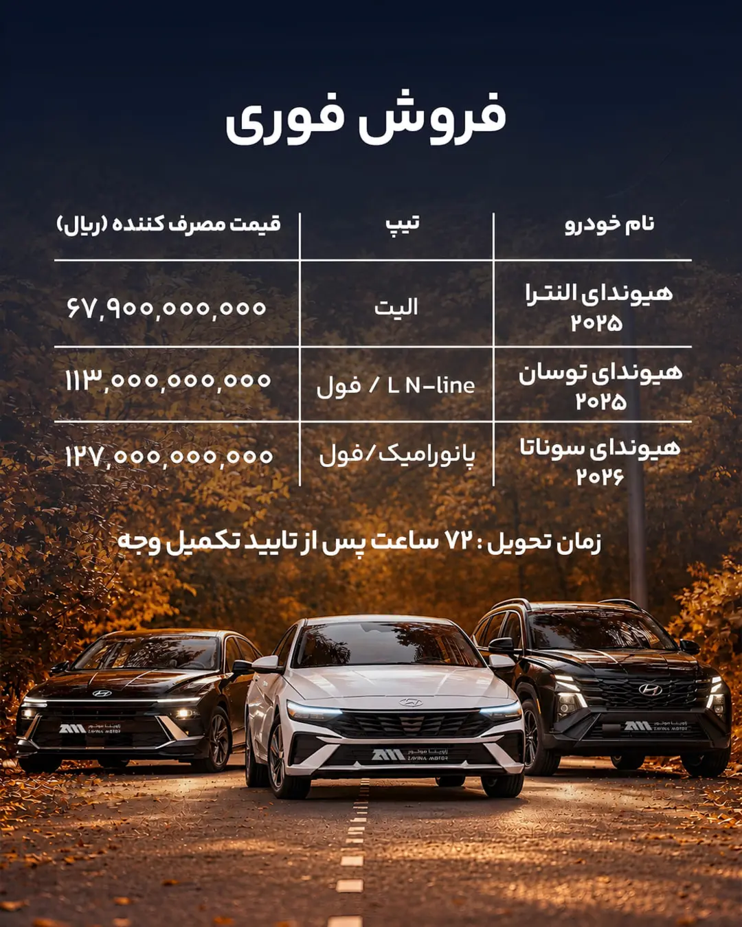 خودروهای هیوندای (Hyundai) مدل‌های النترا، توسان و سوناتا در جاده