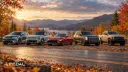 خودروهای برند هیوندای (Hyundai) و کیا (Kia) در جاده‌ای میان کوه‌ها و درختان پاییزی