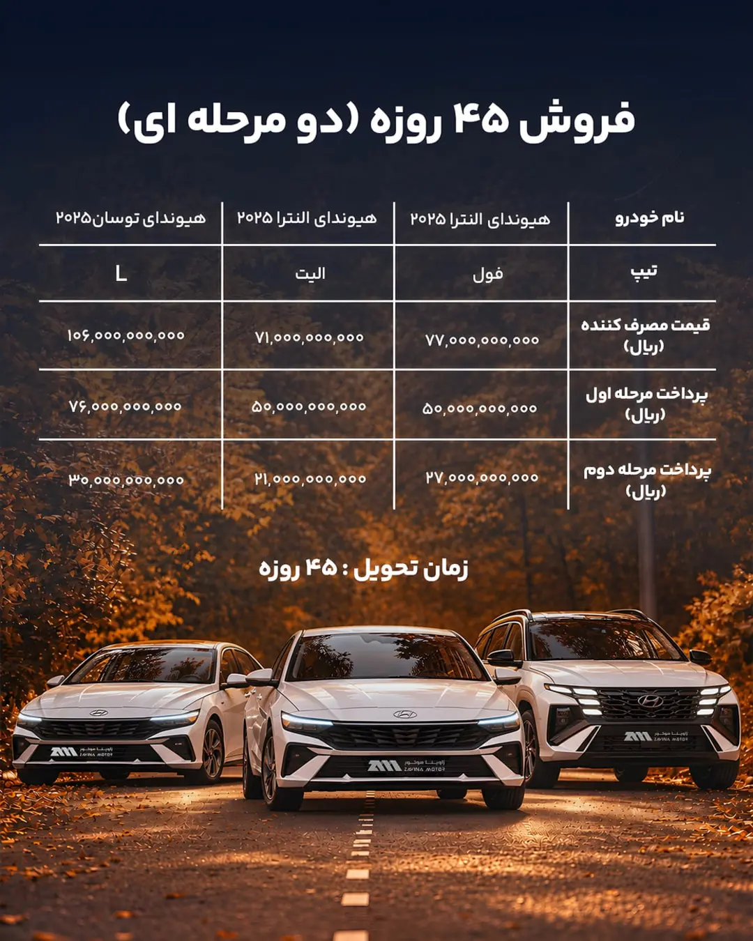 جدول قیمت و شرایط پرداخت دو مرحله‌ای خودروهای هیوندای (Hyundai) مدل ۲۰۲۵