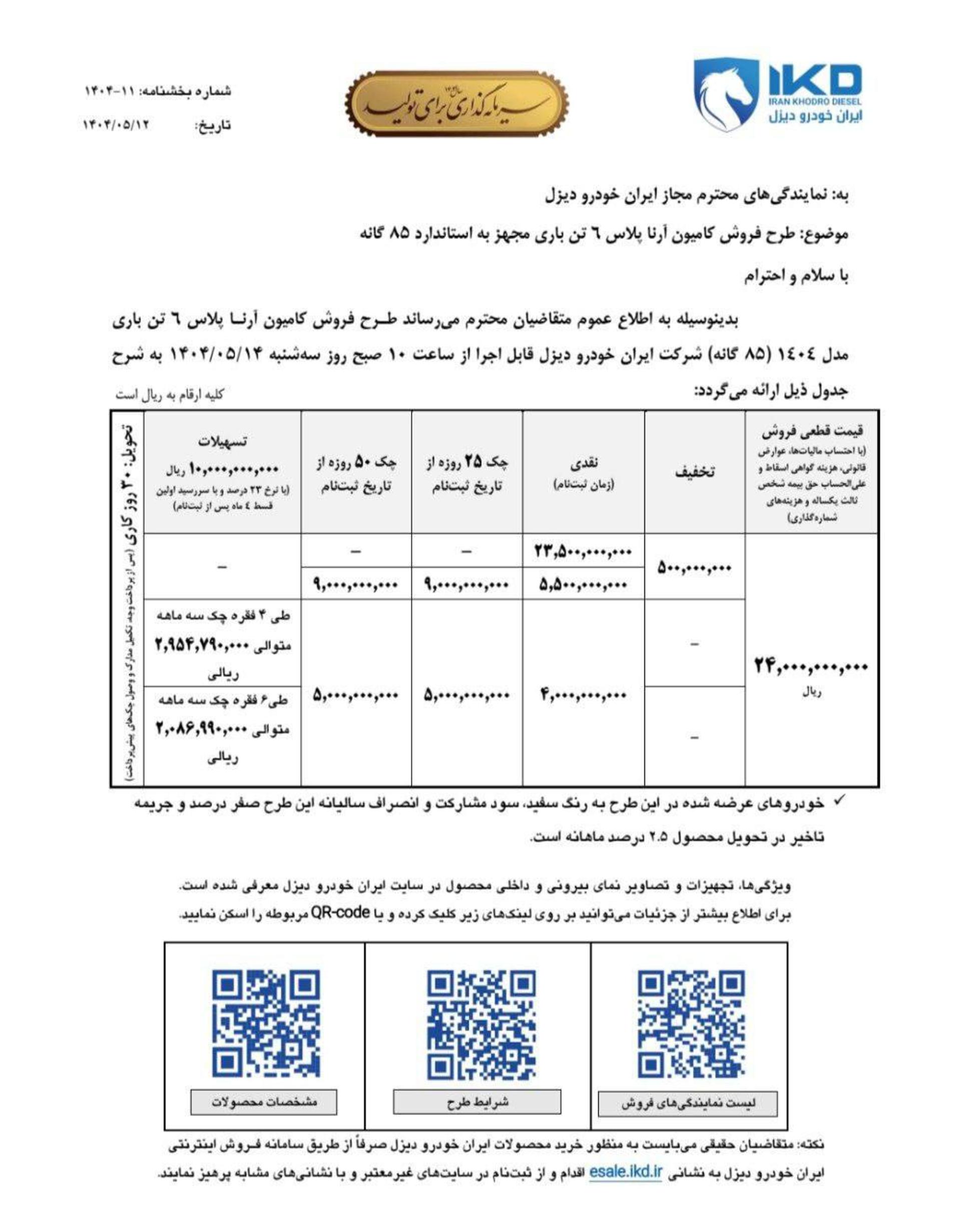 شرایط فروش آرنا پلاس ایران خودرو دیزل - مرداد 1404 -1 