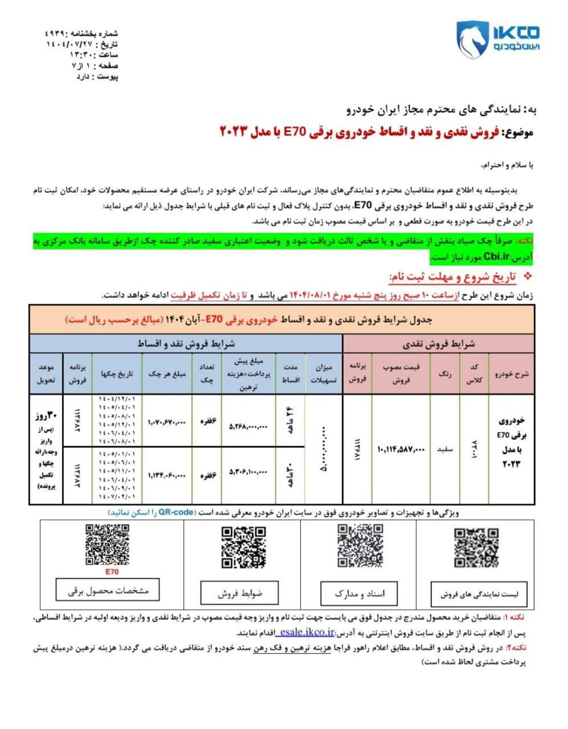 شرایط فروش نقدی و اقساطی دانگ فنگ E70 برقی ایران خودرو آبان 1404