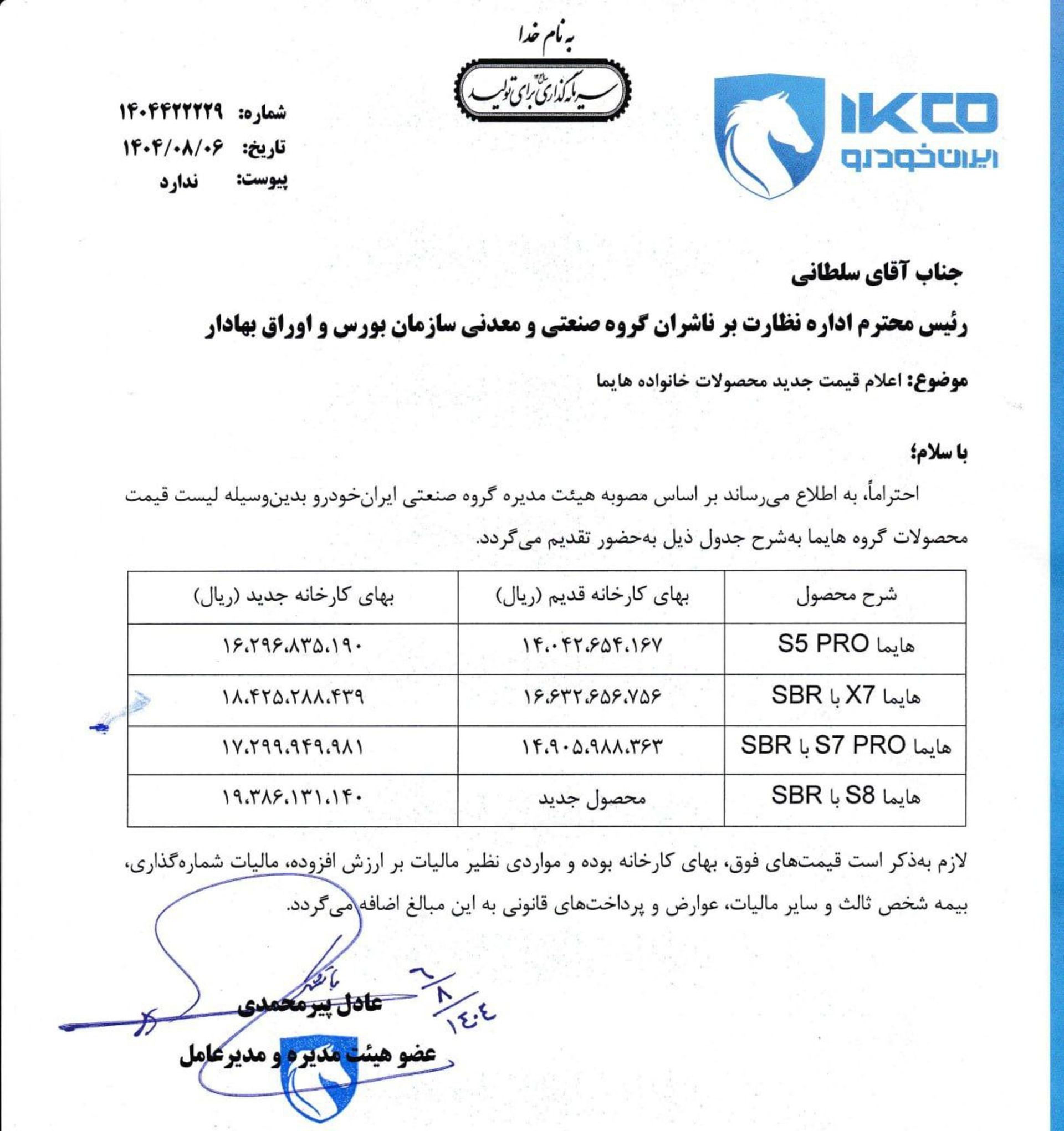 قیمت جدید محصولات هایما آبان 1404