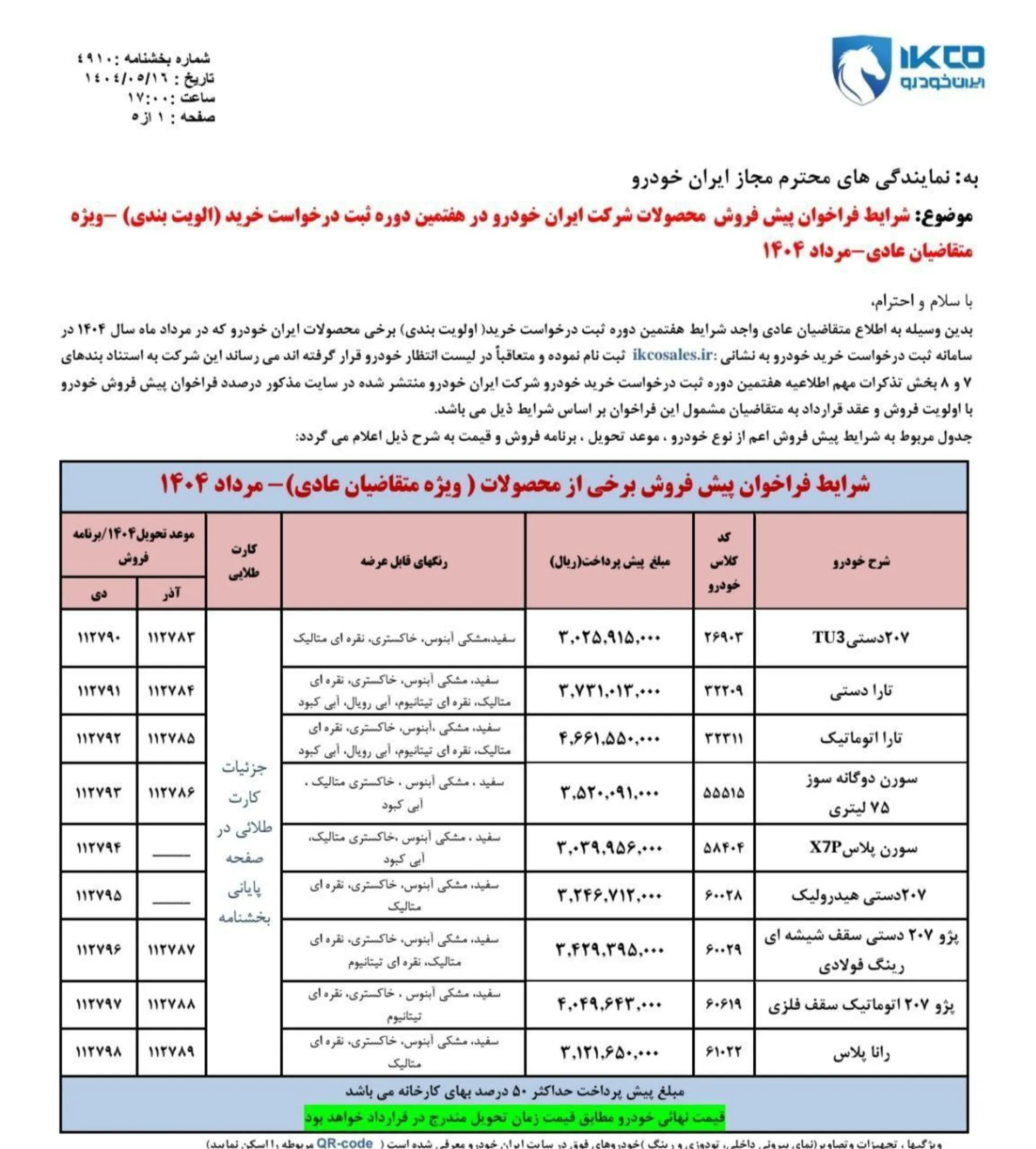 شرایط فروشمرحله هفتم عادی ایران خودرو - مرداد 1404 -1