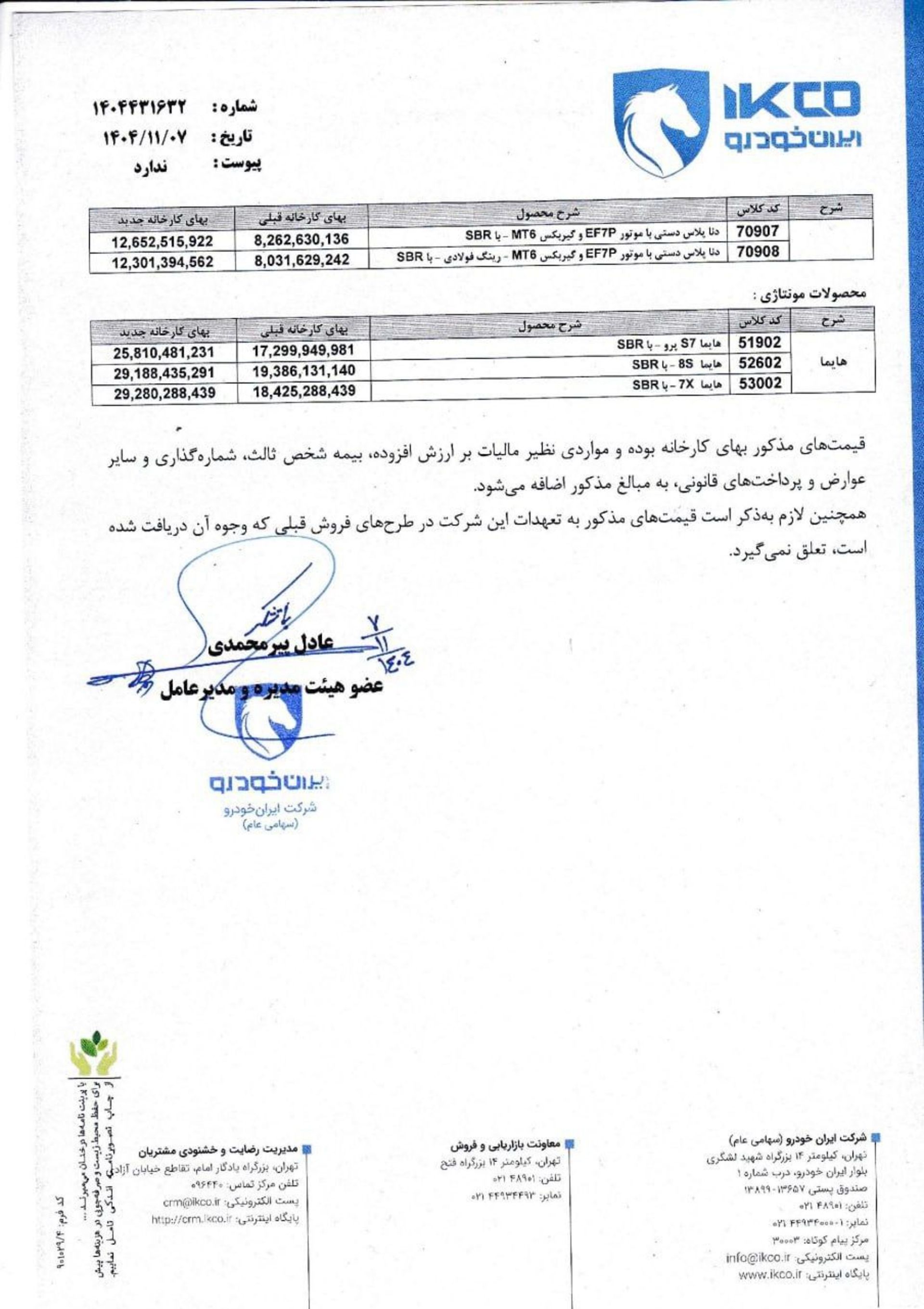 قیمت جدید کارخانه ای محصولات ایران خوردو بهمن 1404 - 2