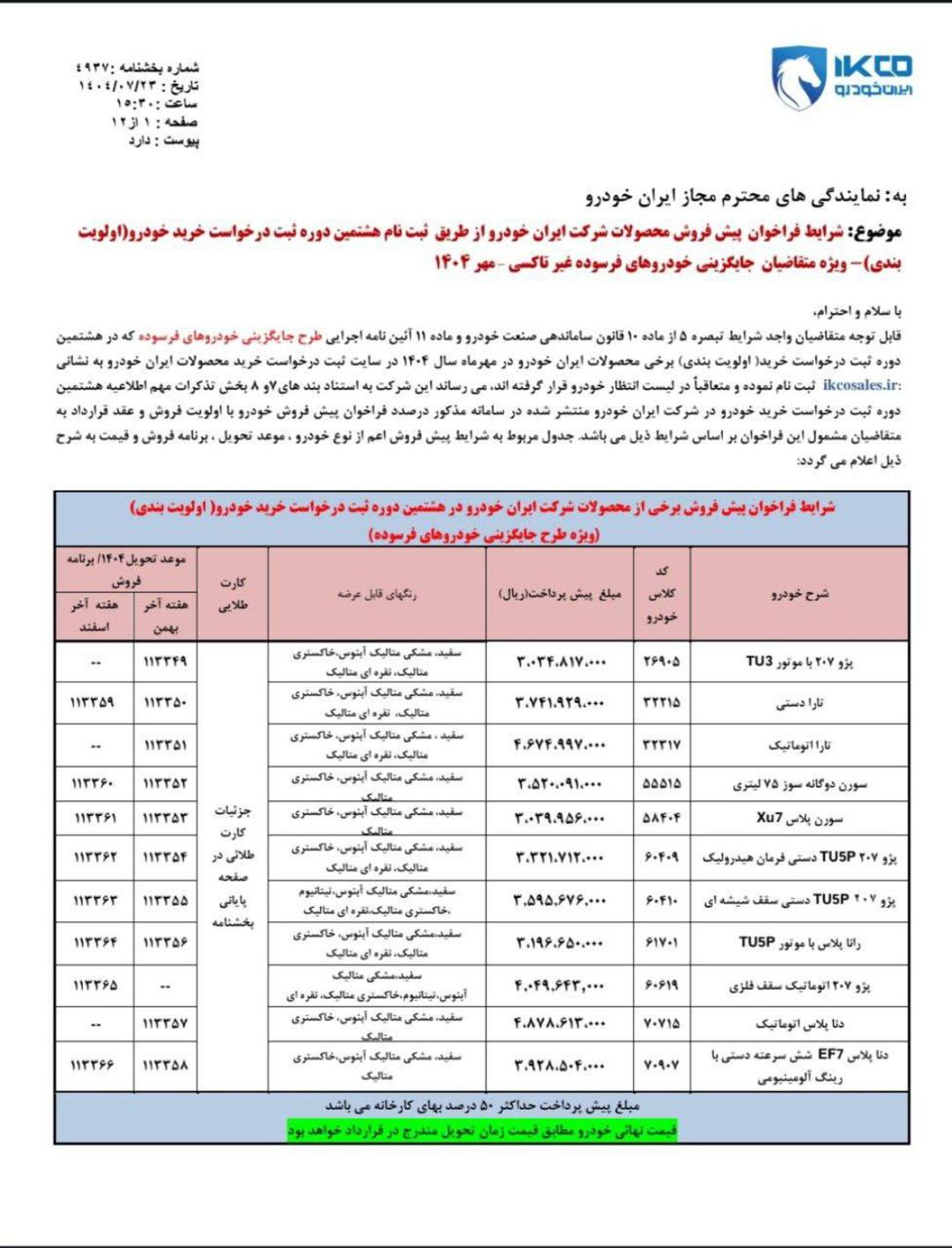 بخشنامه پیش فروش محصولات ایران خودرو ویژه نوسازی خودروهای فرسوده مهر 1404