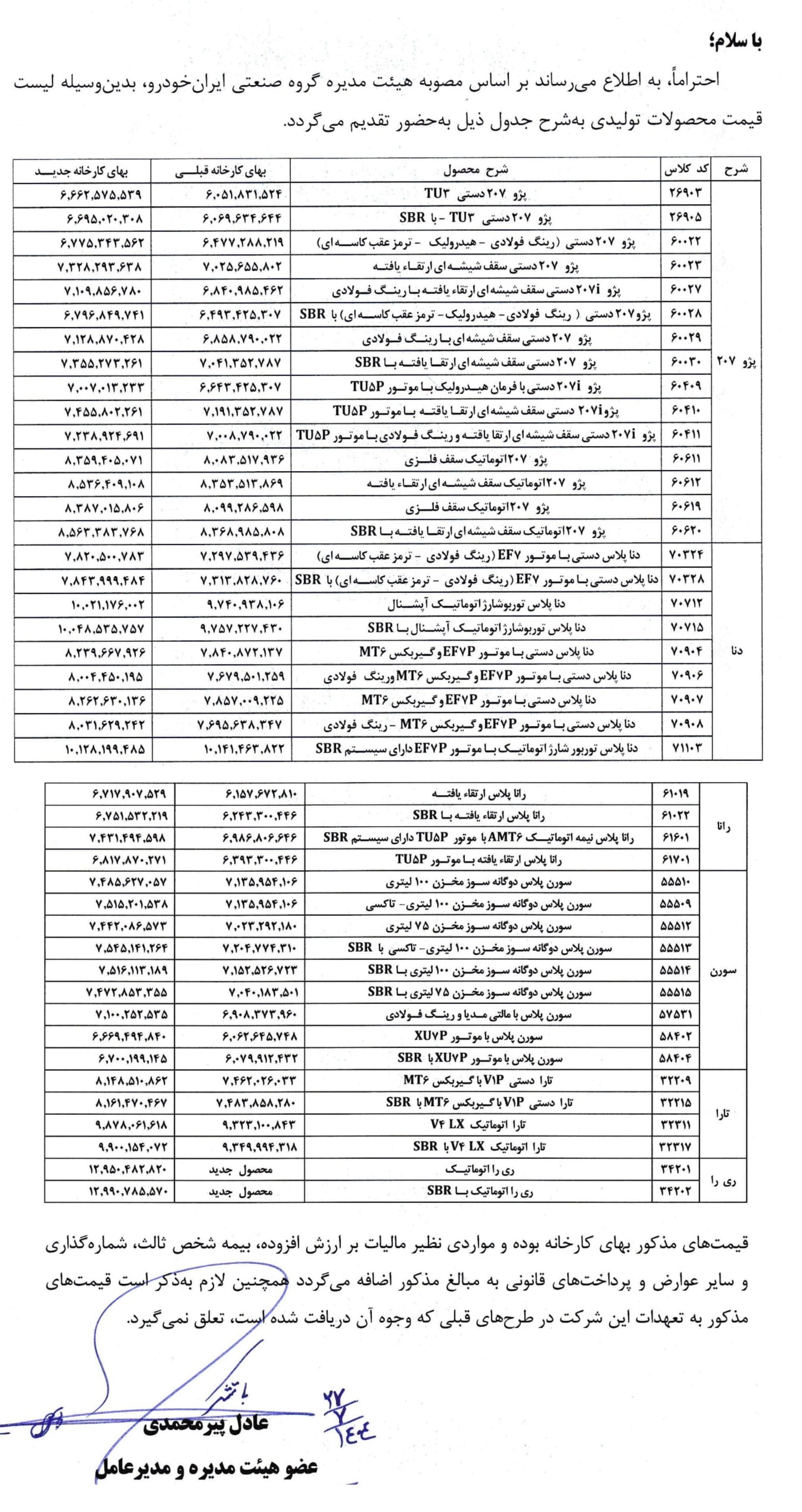 لیست جدید افزایش قیمت محصولات ایران خودرو مهر 1404