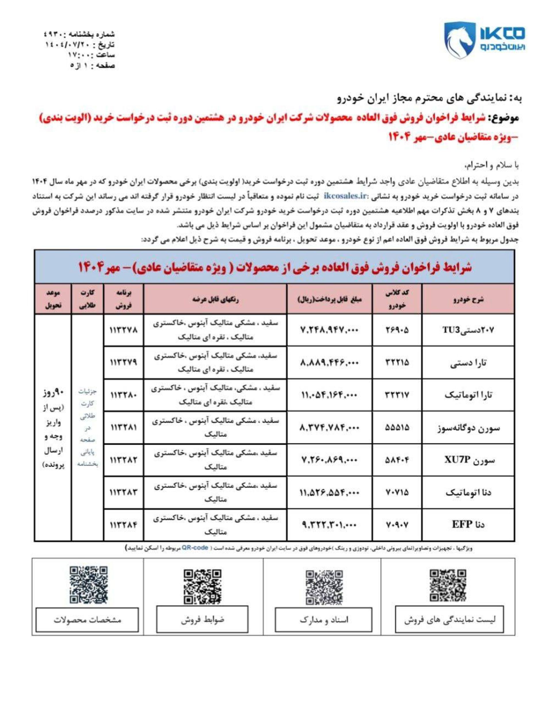 شرایط فروش فوق العاده عادی دوره هشتم ایران خودرو مهر 1404